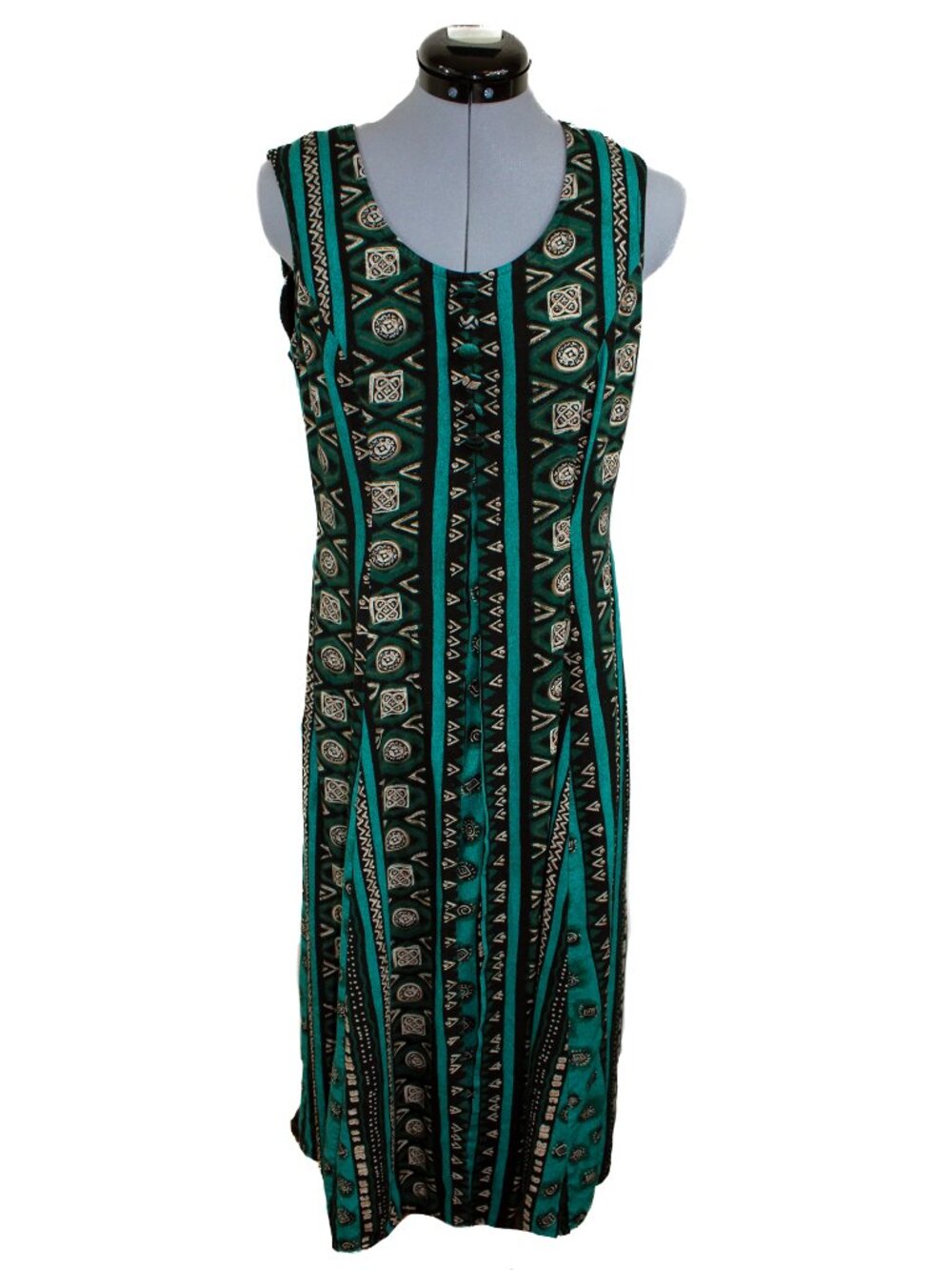 VTG JAMIE BROOKE Sz 10 Green Midi Dress Sleeveless Boho Layered 90s Aztec Grunge